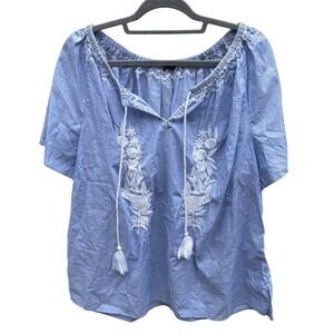 Talbots Womens 1X Peasant Blouse Blue Embroidered Tassel Cotton Short Sleeve Top